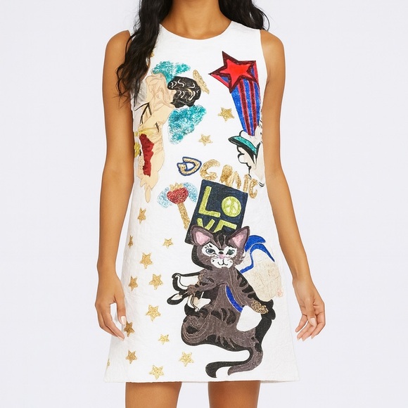 White Brocade Graphic Cat Design Dress - Picture 1 of 12